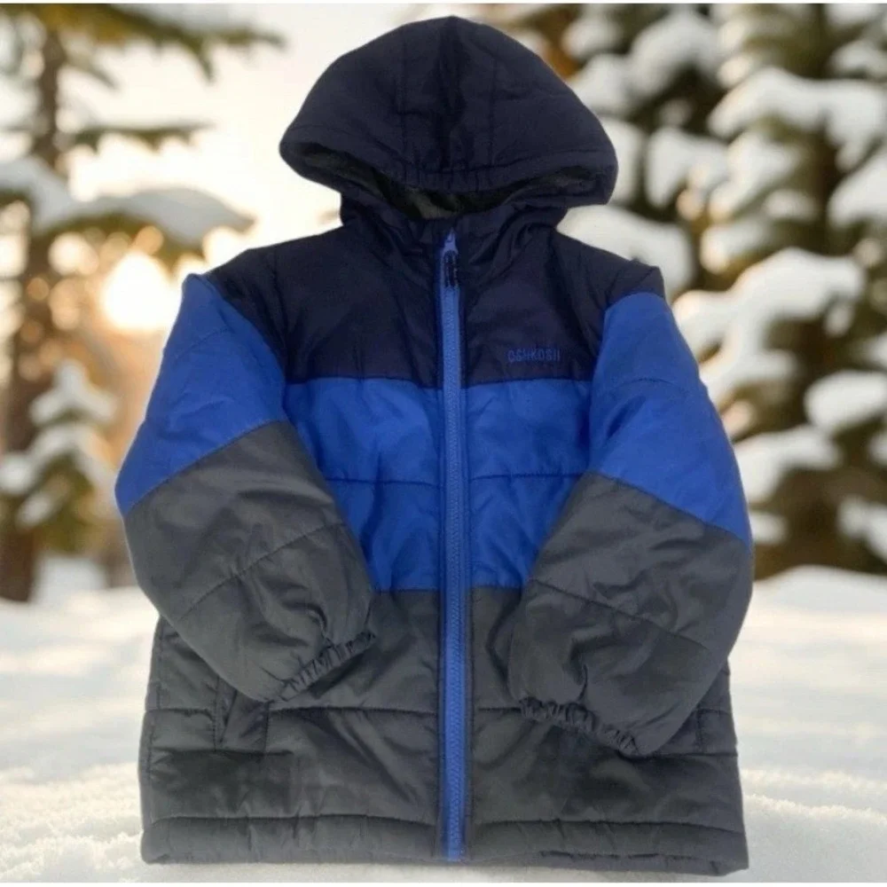 OshKosh B'gosh Puffer Jacket‎ Kids Size 5-6 Blue Gray Colorblock Hooded Coat